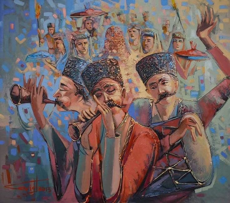 Painting of Azerbaijani folk musicians playing traditional wind and percussion instruments