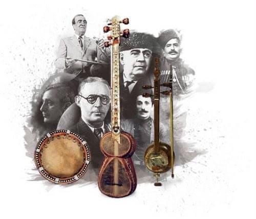 Traditional Azerbaijani instruments — tar, kamancheh and daf — layered over portraits of the country's classical composers